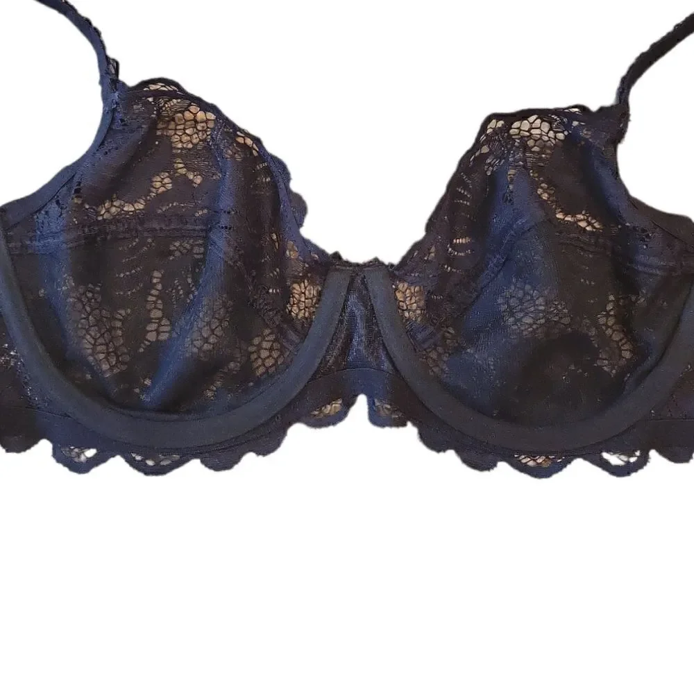 NWOT Adore Me Lingerie Black Floral Lace Unlined Underwire Bra 36B
